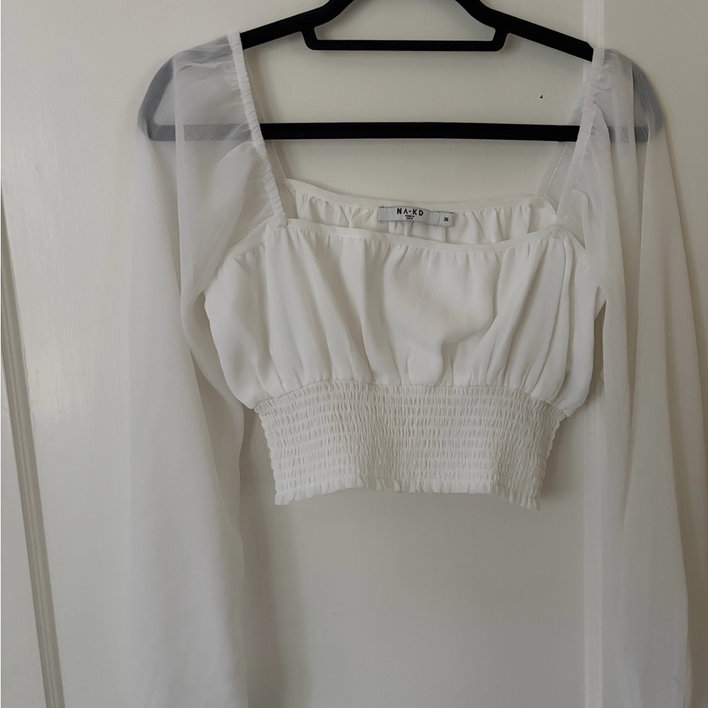 White Smocked Square Neck Long Sleeve Crop Top
